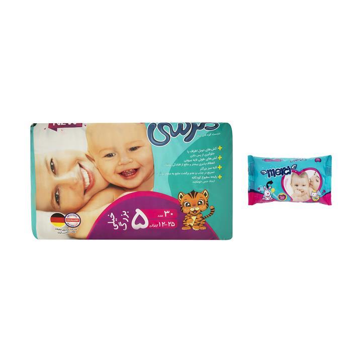 پوشک بچه مرسی سایز 5 بسته 30 عددی به همراه دستمال مرطوب Merci Baby Diapers Size 5 Pack of 30 With wet wipes